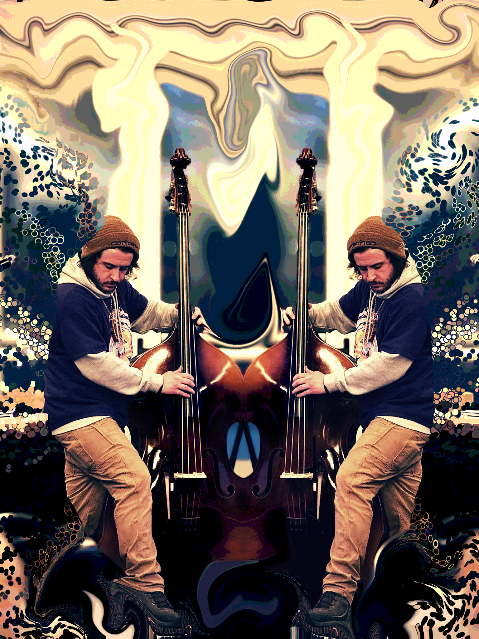 Psychedelic mirrored artwork of Zach playing upright bass